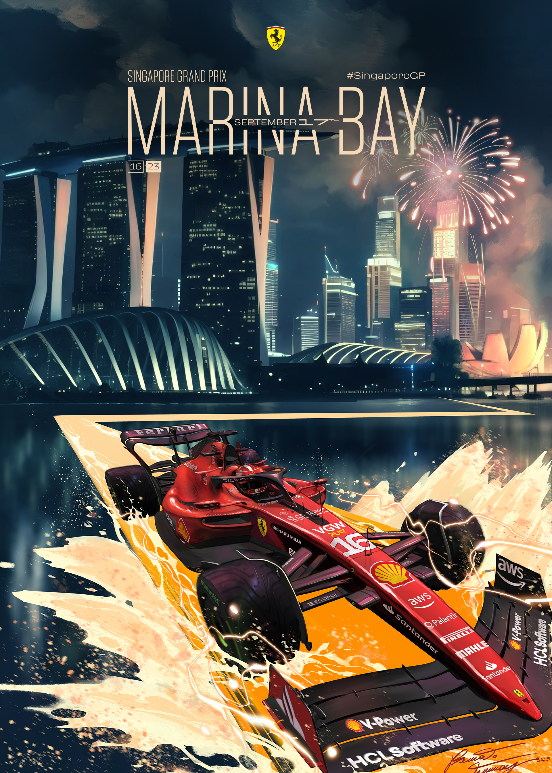 2023 Ferrari F1 RACE 16 Singapore grand prix race cover art poster